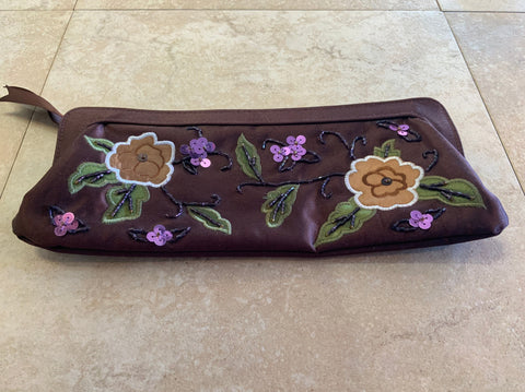 Brown Embroided w/Flowers Zippered Clutch