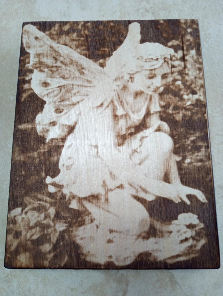 Handmade 8 1/2" x 6 1/2" burnt wood w/lasered Fairy