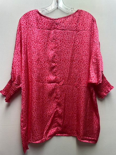 Pink Leopard Print Top Medium | Elastic Wrist Blouse for Women
