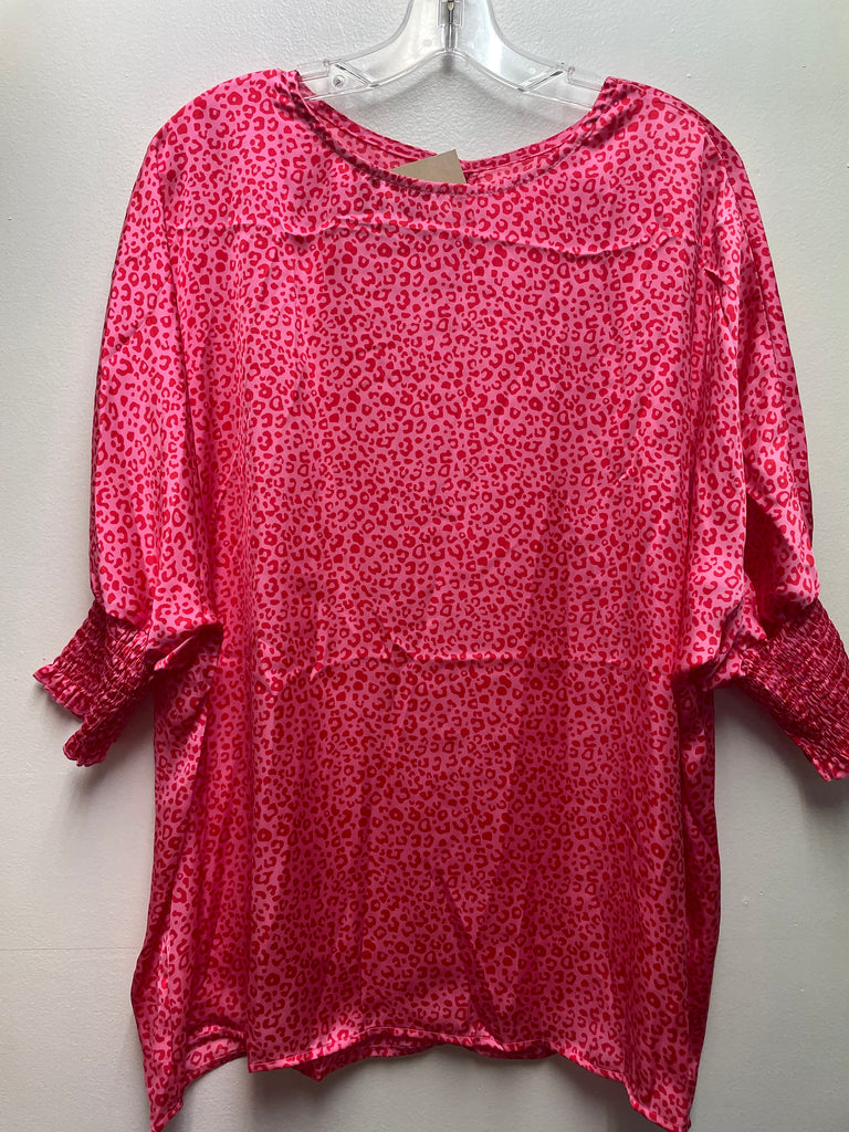 Pink Leopard Print Top Medium | Elastic Wrist Blouse for Women