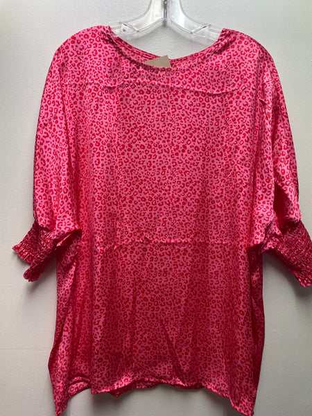 Pink Leopard Print Top Medium | Elastic Wrist Blouse for Women