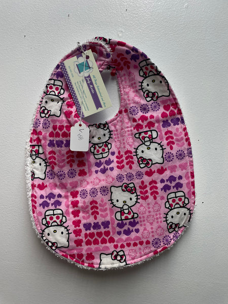 "Handmade baby bibs by Jody Martin, -large Pink/purple kitty 