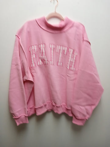 BUCKET LIST Pink Sweatshirt w/mock Neck lettered pink/whit checker FAITH