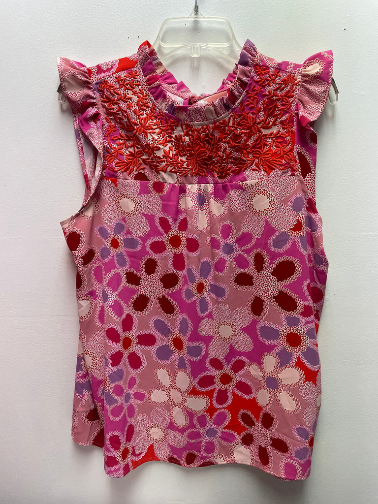 Floral Large Red/Pink Ruffle Neck & Sleeve with Red Embroidery on Chest