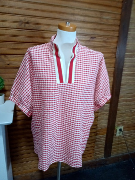 Gingham Red/White V-Neck Checkered Top