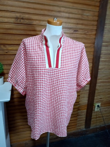 Gingham Red/White V-Neck Checkered Top