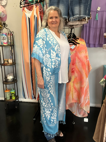 Blue Abstract Print Long Kimono