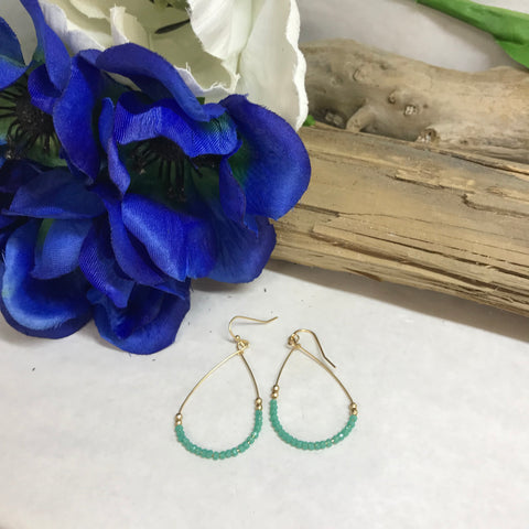 Gold Dangle Teardrop Hoop Earrings with turquoise beads and 2 gold beads on each side 