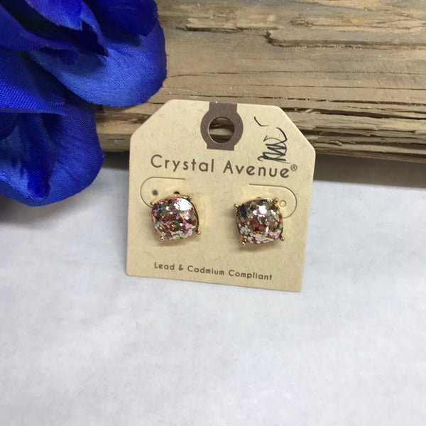 Multicolored Glitter Studded Earrings. Pink and Green Glitter