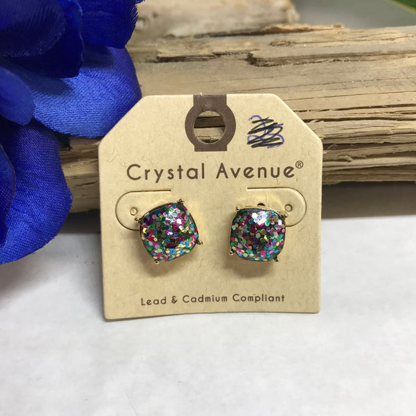 Multicolored Glitter Studded Earrings. Pink, Gold, Green, and Blue.