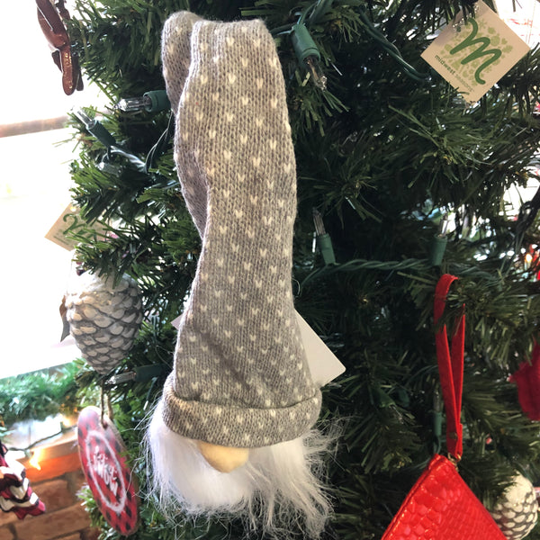 gnome head with gray and white beanie ornament