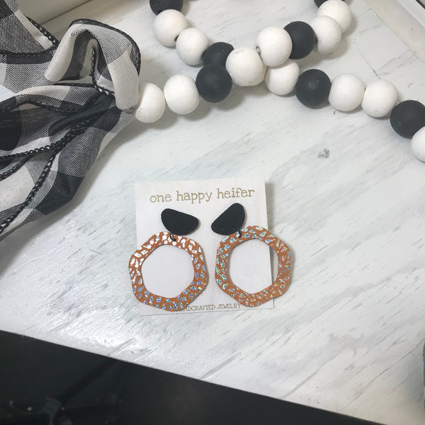 orange, sliver and black hexagon earrings