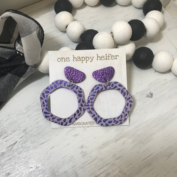 purple and purple glittered hexagon earrings