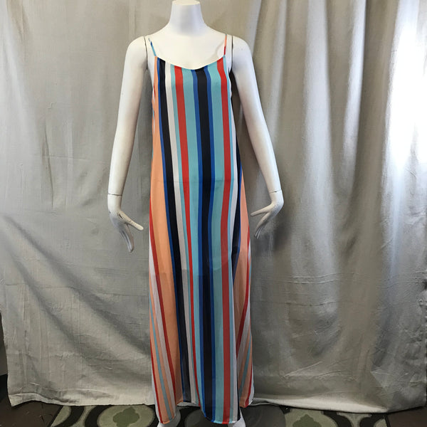 This lined dress is a multi-color stripes dress. It has a slight V-neck with spaghetti straps.