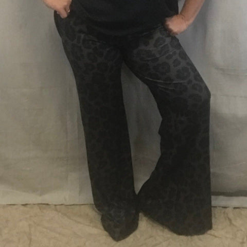 big leg dark leopard stretchy pants with a small flare bottom