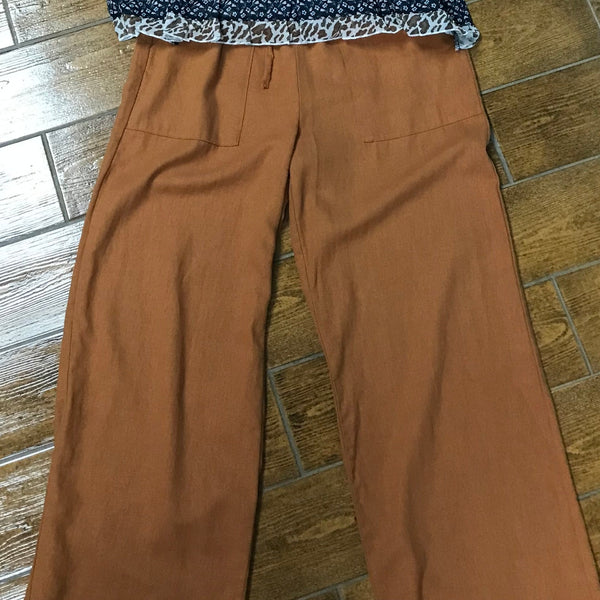 brown wide leg linen pants with drawstring
