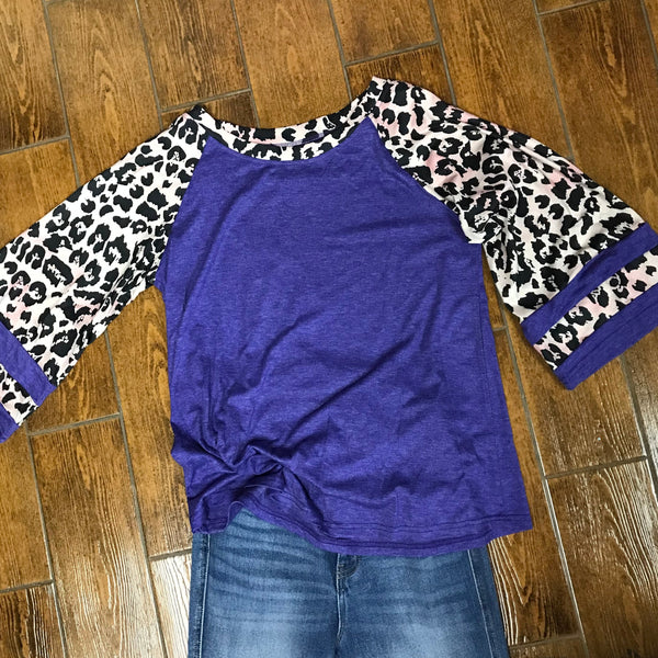 Purple w/Leopard Sleeves and Collar Baseball Style Tee
