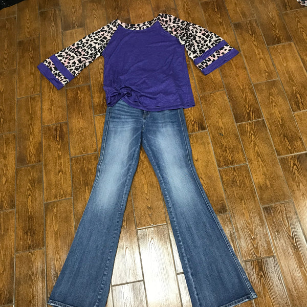 Purple w/Leopard Sleeves and Collar Baseball Style Tee pair with our Flare jeans