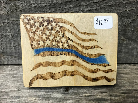 3X4 inch wood burned American Flag with thin blue line through flag. 