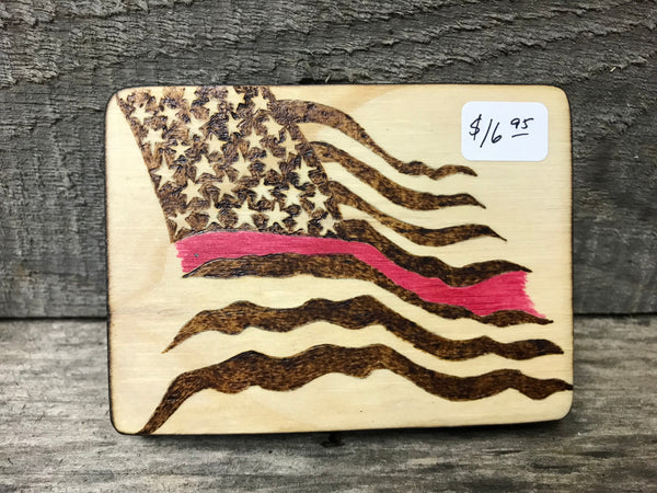 3X4 inch wood burned American Flag with thin red line through flag. 