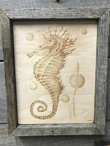 8X10 framed wood burned seahorse.
