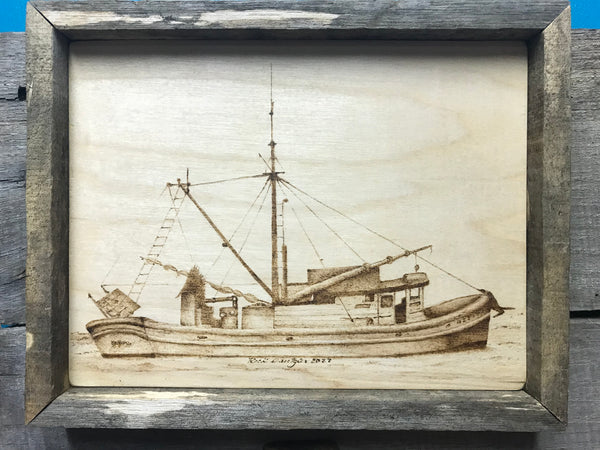 8X10 framed wood burned ship.
