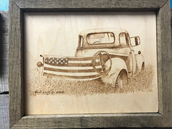 8X10 wood burned antique truck with American Flag on the back of truck.