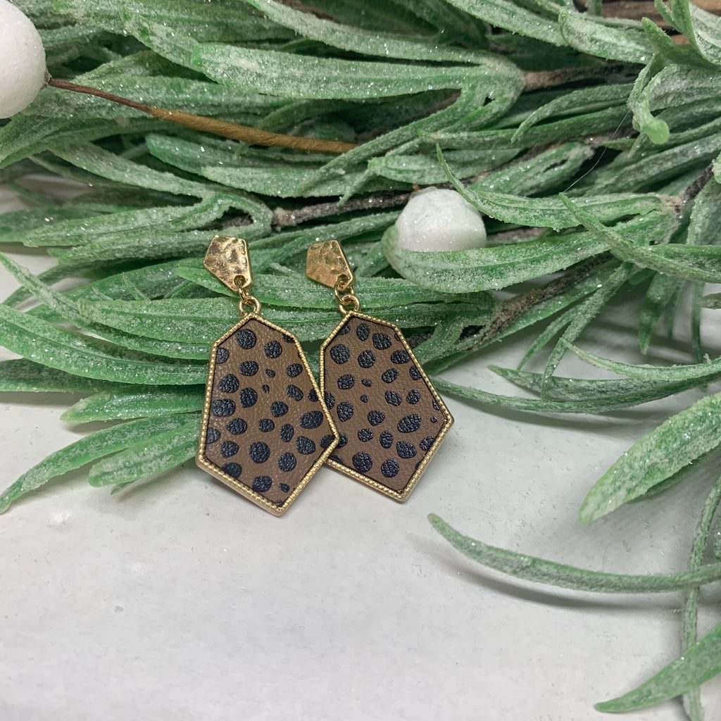 Gold pierced earrings with a gold hammered pentagon shaped piece on top and a larger marquise shaped piece that features brown and black animal print on the inside with a gold outline. 