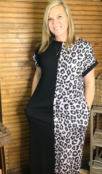 Leopard Contrast Short Sleeve T-Shirt Maxi Dress