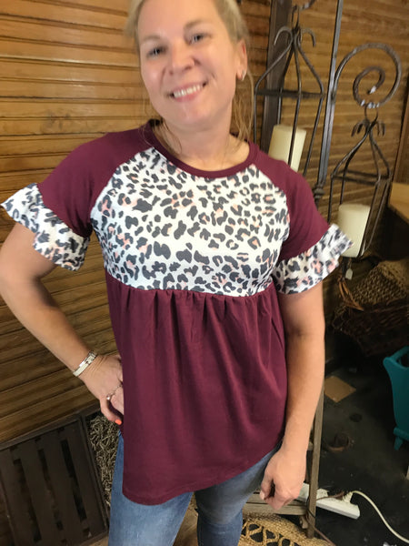 Leopard Print Babydoll Shirt w/Ruffled Sleeves