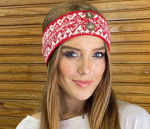 Red and White Headband with two buttons in the middle. Perfect for a cold day, covers ears. Supper comfy and fits all.