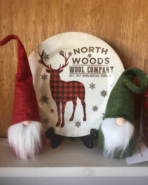 north woods wool company plate with buffalo plaid deer on it