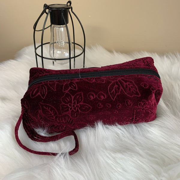 Burgandy Velvet Zippered Cosmetic Bag with wristlet