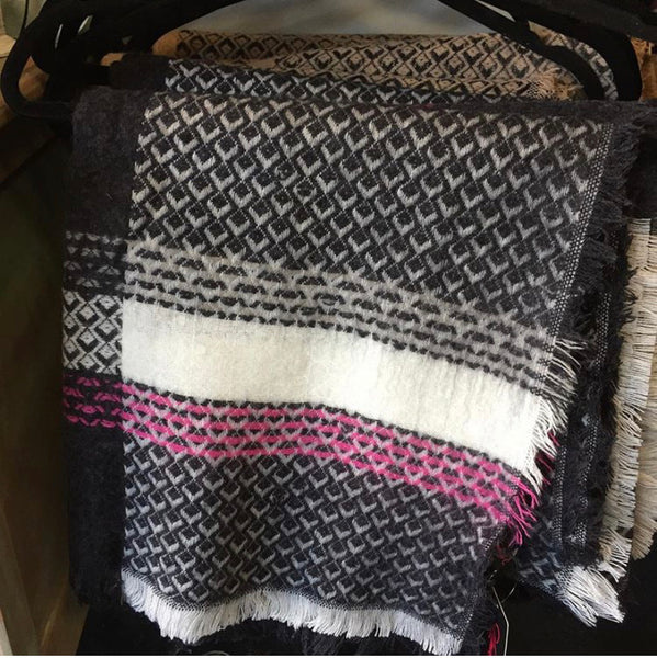 Blanket Scarf. Color includes black, white, gray, and pink. 
