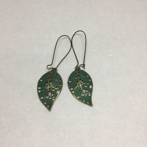 Pierced Earrings: Gold dangle blue leaf with gold outline.