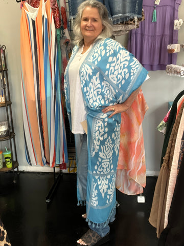 Blue Abstract Print Long Kimono