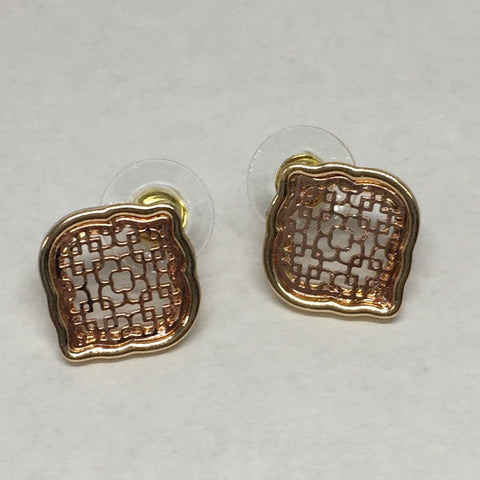 Pierced gold stud earrings: Dainty Marquee Rose Gold Filigree. Approx. 1/2” square.