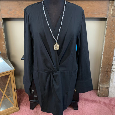 Long Sleeve Black Drape Top w/Tie Front