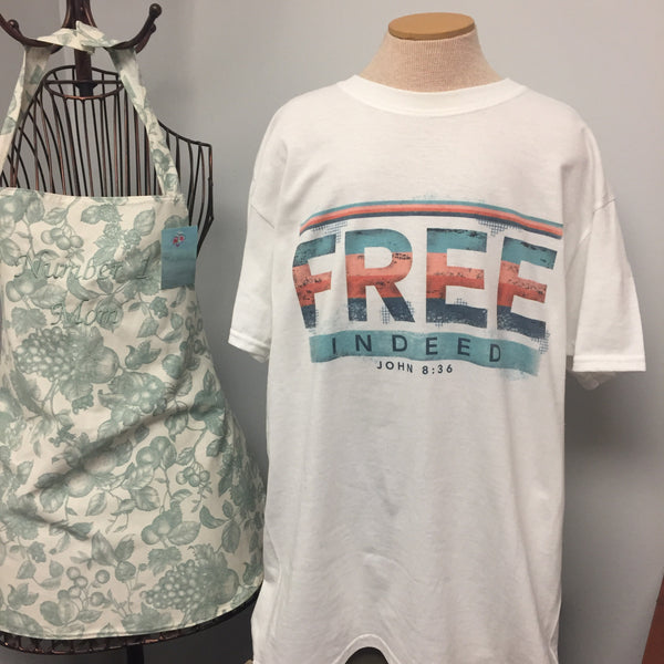 White short sleeve t shirt with "Free Indeed John 8:36" written across the front.