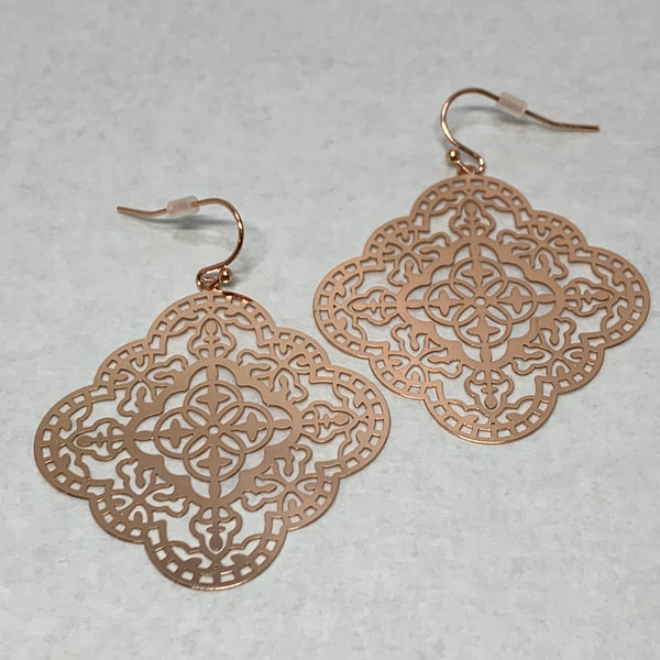 Rose gold pierced hook earrings: Boho Mandala inspired Rose Gold Filigree. Approx. 1 3/4” 