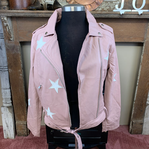 vegan leather moto jacket blush pink with white stars