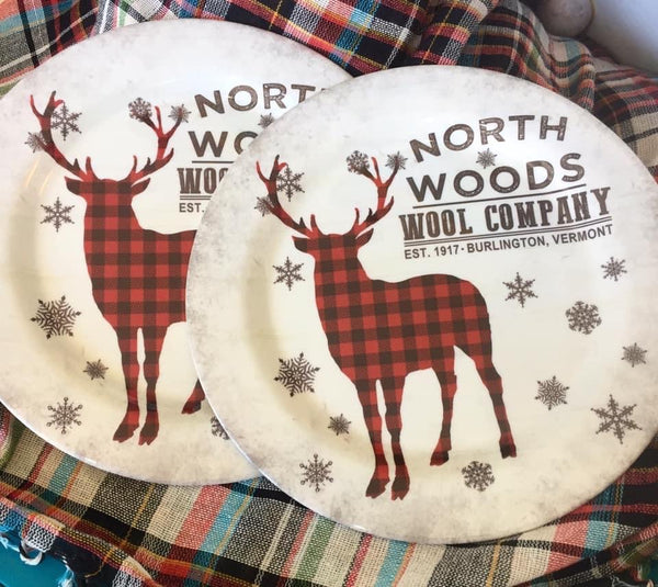 north woods wool company plate with buffalo plaid deer on it