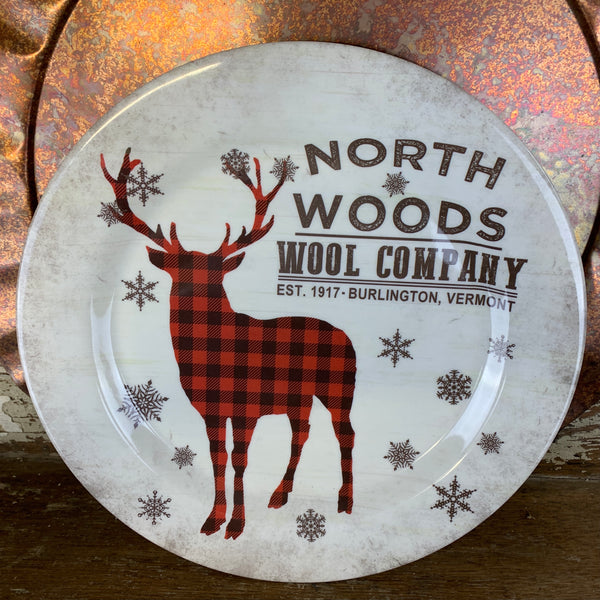 north woods wool company plate with buffalo plaid deer on it